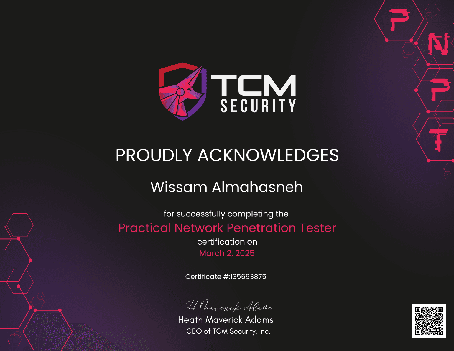 Practical Network Penetration Tester certificate issued to Wissam Almahasneh